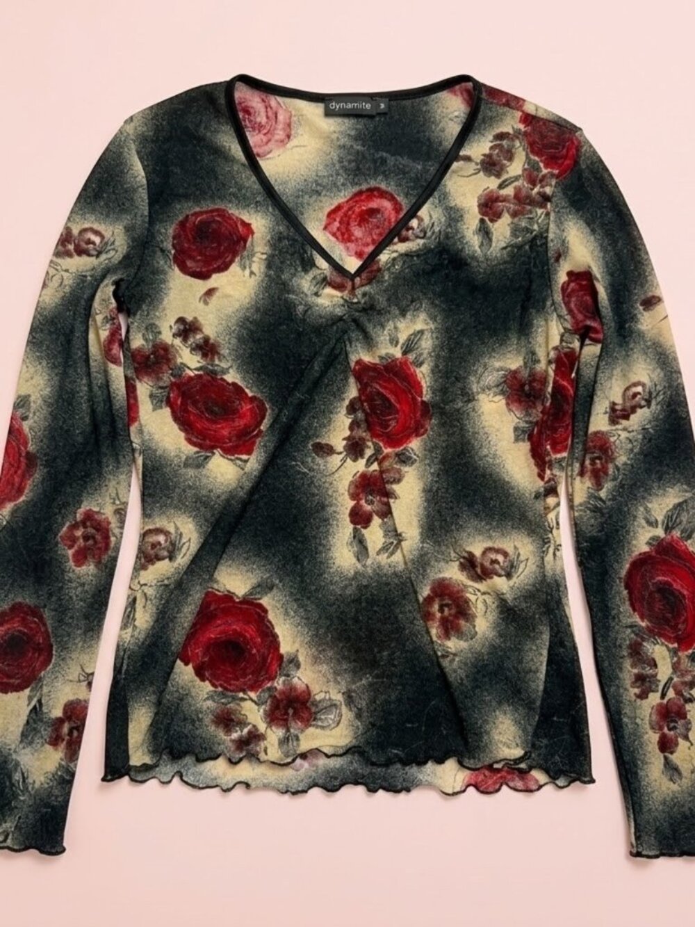 NWT Dynamite Vintage Black and Red Floral Sheer Long Sleeve Top